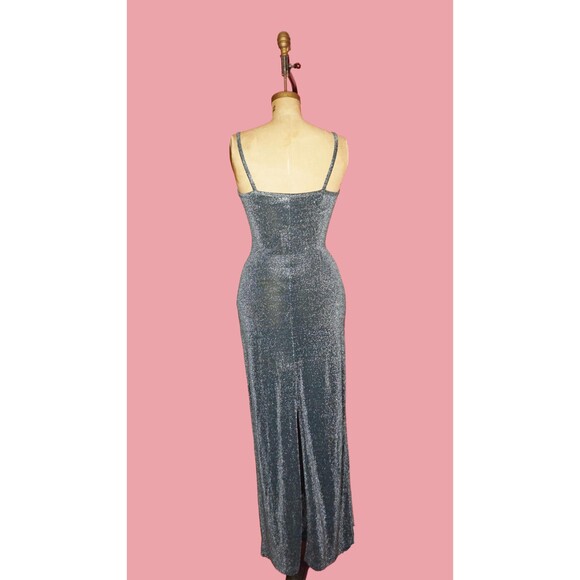 1990s-Y2K ALL THAT JAZZ Green & Silver Glitter Metallic Maxi Dress W/High Slit S - Picture 3 of 9